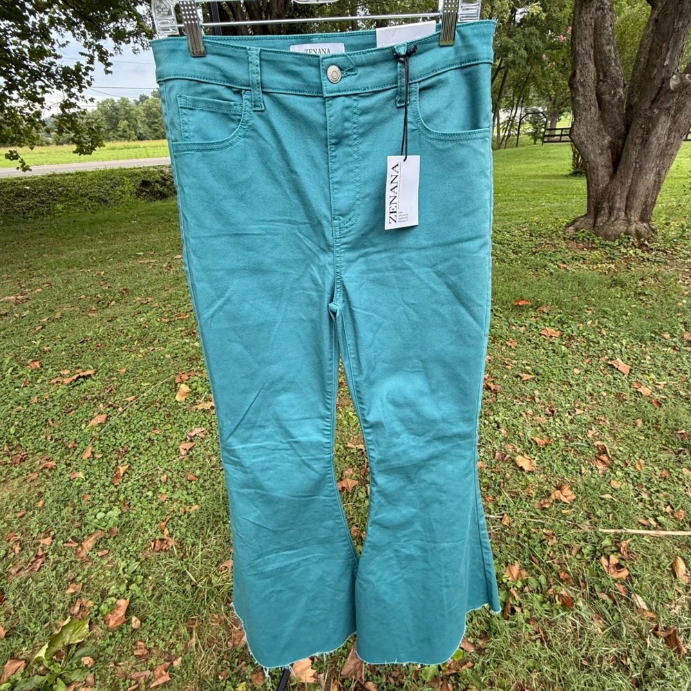 Zenana Teal Green High Rise Flare Leg Raw Hem Pants DOP-1615A Womens L NEW Y2K